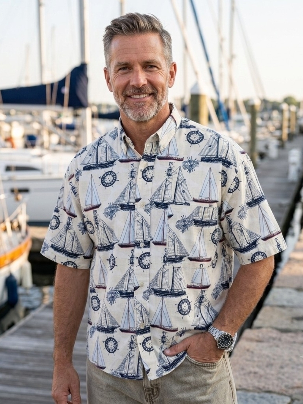Men's Nautical Print Short-Sleeve Button-Down Shirt - Cream/Blue